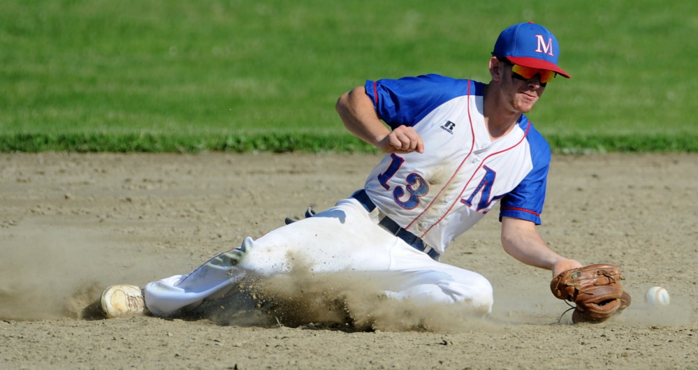 Staff photo by Michael G. Seamans 
 Messalonskee second baseman Ben Frazee tries to dig out the throw on an Oxford Hills steal attempt during an Eastern A quarterfinal game Thursday in Oakland.
