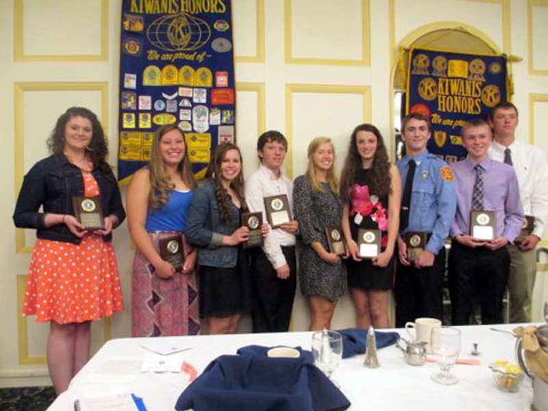 The Augusta Kiwanis Club paid tribute recently to nine area students who were presented Distinguished Youth plaques for volunteer work in their respective communities. They were, from left, Morgan Wellman, Cony High School; Kelsi Thibeau, Capital Area Technical Center; Kelsey Barrett, Gardiner Area High School; Daniel Constanza, Erskine Academy; Nicole Pelletier, Hall-Dale High School; Elizabeth D’Angelo, Maranacook Community High School; Angus Koeller, Monmouth Academy; Cameron Emmons, Richmond High School; and Benjamin Allen, Winthrop High School.