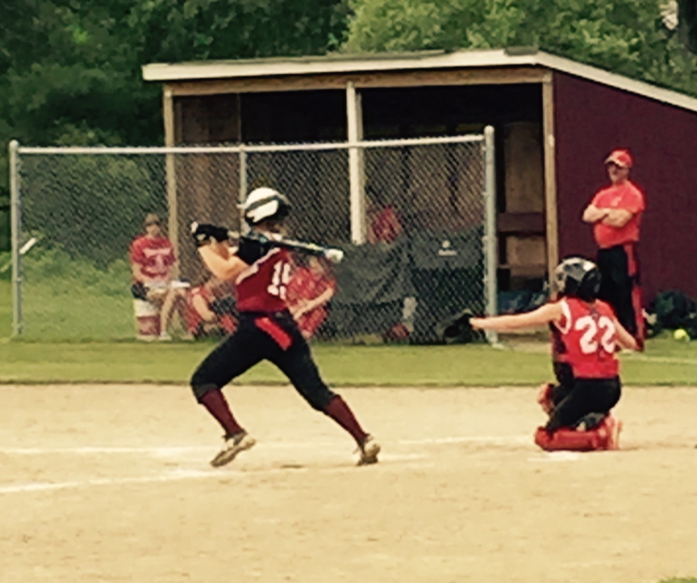 Staff photo by Bill Stewart 
 Richmond freshman Lyndsey Tilton laces an RBI single during a Western D semifinal game against Vinalhaven on Friday. The Bobcats cruised to a 14-2 victory.