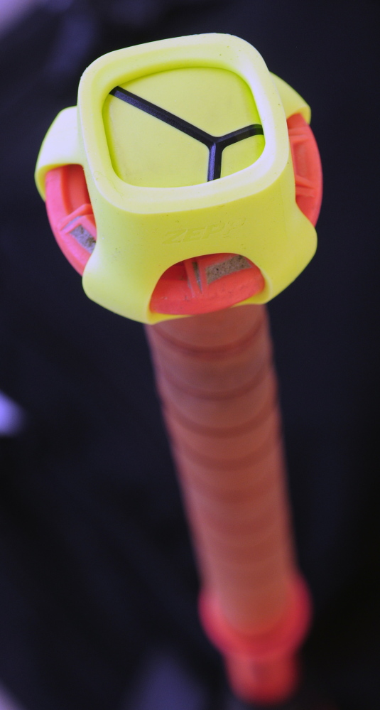 The Zepp sensor is seen on the end of a Cony bat handle.