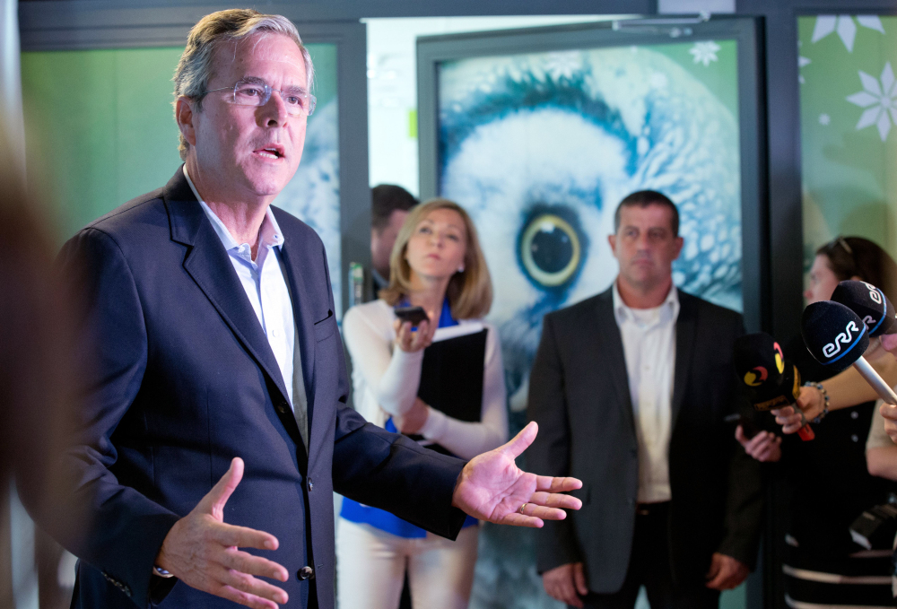 Jeb Bush speaks to journalists at the e- Estonia Showroom during his visit in Tallinn, Estonia, on Saturday. Estonia, a once-bleak Soviet state, is now a growing, free-market economy.