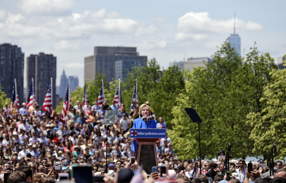 Democratic presidential candidate, former Secretary of State Hillary Rodham Clinton speaks to supporters on Saturday on Roosevelt Island in New York, in a speech promoted as her formal presidential campaign debut.
