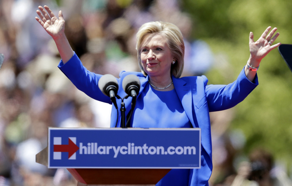 Democratic presidential candidate, former Secretary of State Hillary Rodham Clinton gestures before speaking to supporters on Saturday on Roosevelt Island in New York, in a speech promoted as her formal presidential campaign debut.