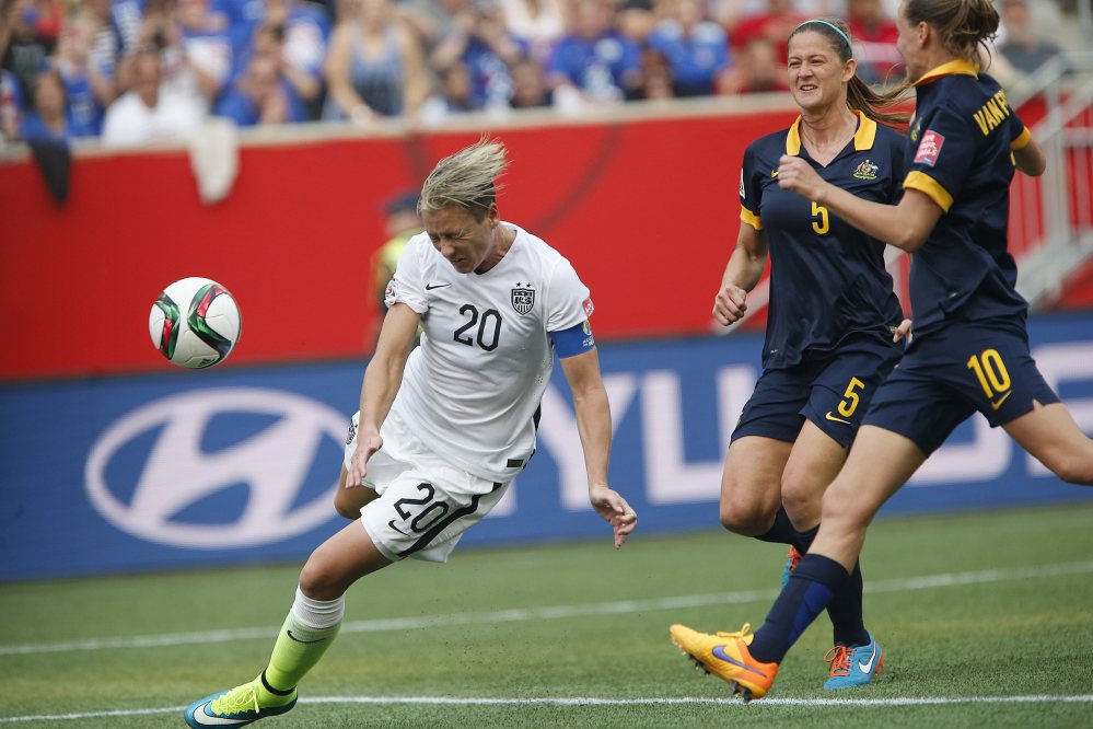 United States forward Abby Wambach’s (20) header goes wide against Australia during the first half of a FIFA Women’s World Cup match last week in Winnipeg, Manitoba.