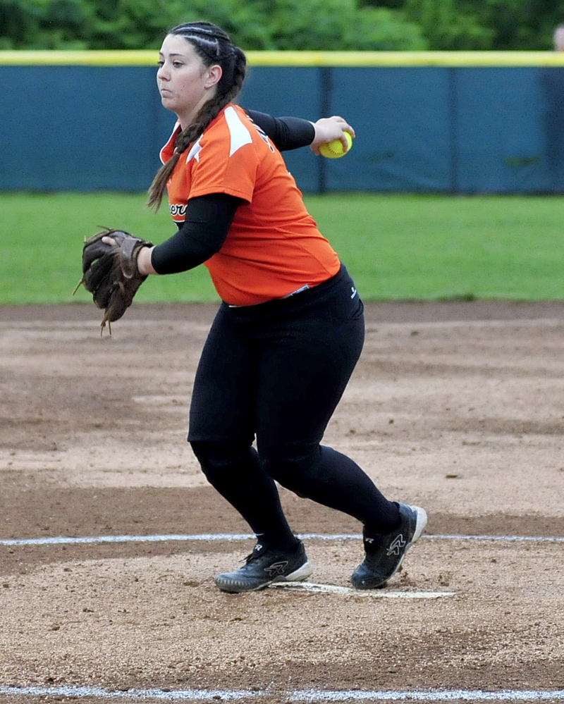 Gardiner pitcher Kristal Smith delivers a pitch against Hermon in the Eastern B title game Tuesday night in Brewer.