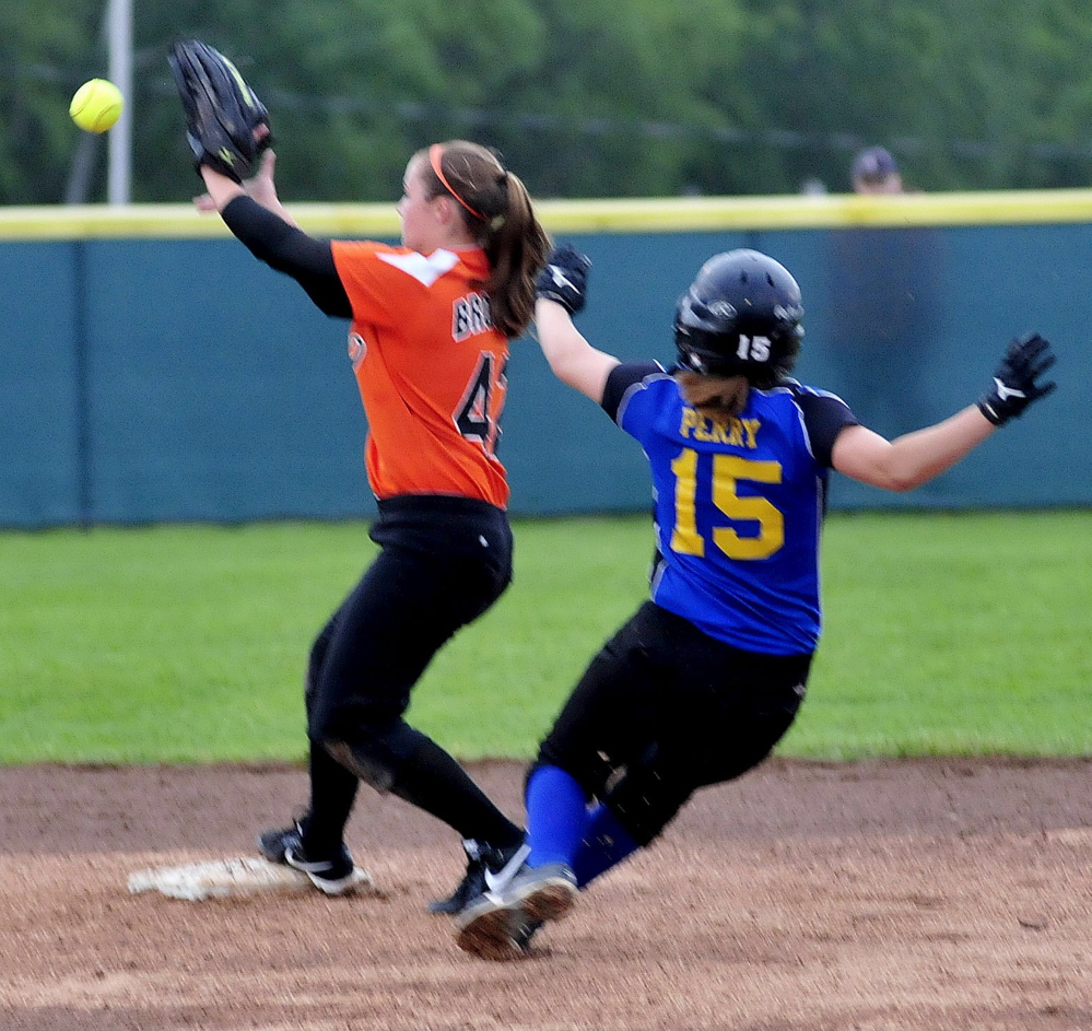 Gardiner’s Bri Brochu makes a play at second to force out Hermon’s Hailey Perry  during the Eastern B title game Tuesday night in Brewer.