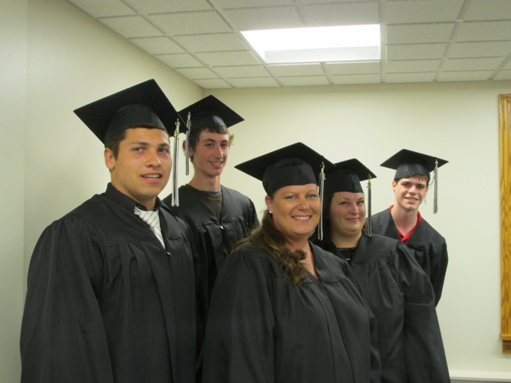 HiSET graduates, from left, are Caleb Castonguay, Travis Lowell, Susan Gibbs, Laura Browski and Daniel Packard.