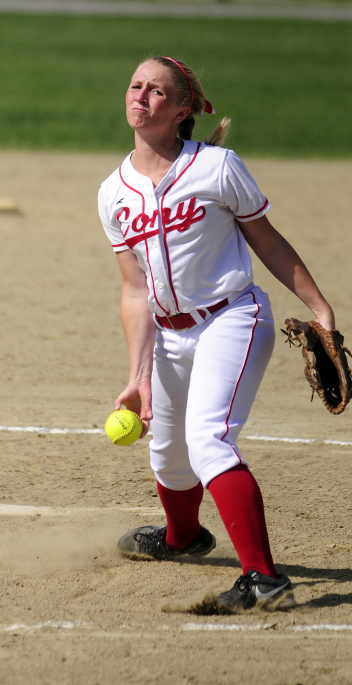Cony senior pitcher Arika Brochu delivers a pitch during a game last week at Cony. Brochu was named a Miss Maine Softball finalist.