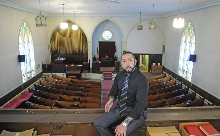David Boucher talks about his plans to use a former church as a tasting room for Lost Orchard Brewery during a tour on April 30 in Gardiner.