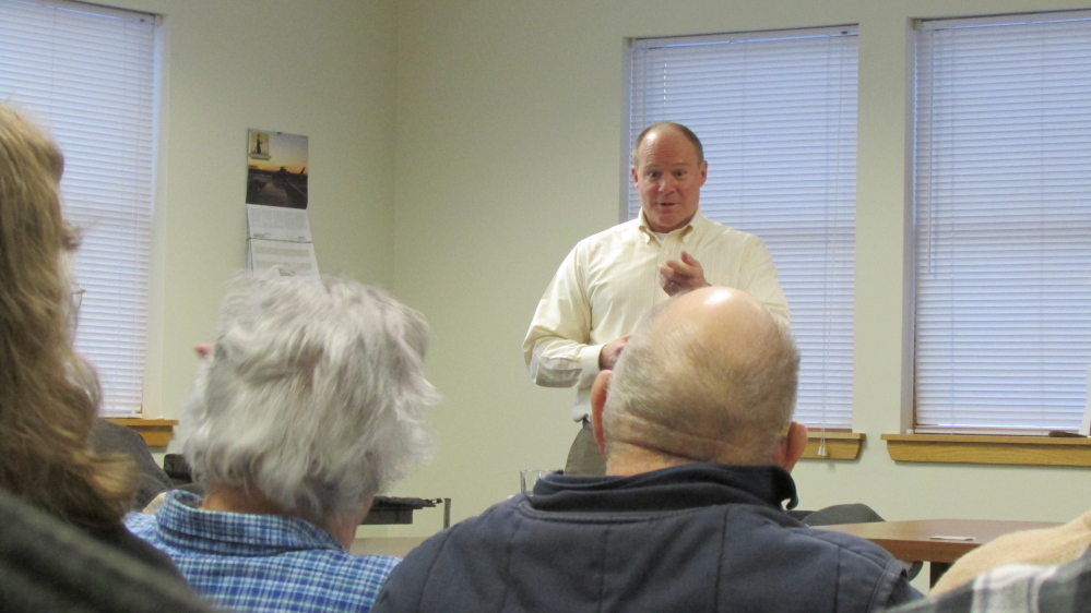 Engineer Richard Green, of Hoyle, Tanner & Associates, answers questions in March at a public hearing on a proposed sewer line connecting Vassalboro’s and Winslow’s sewer systems. Negotiations are expected to start soon on the plan. Winthrop’s Hoyle, Tanner is designing the system.
