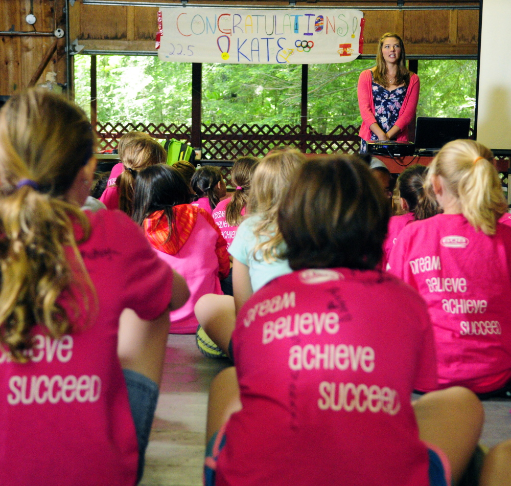 Campers listen as Kate Hall speaks at Julia Clukey’s Camp for Girls on Thursday June 25, 2015 in Readfield. Hall recently set a national high school record and qualified for the U.S. Olympic team trials in long jump. 