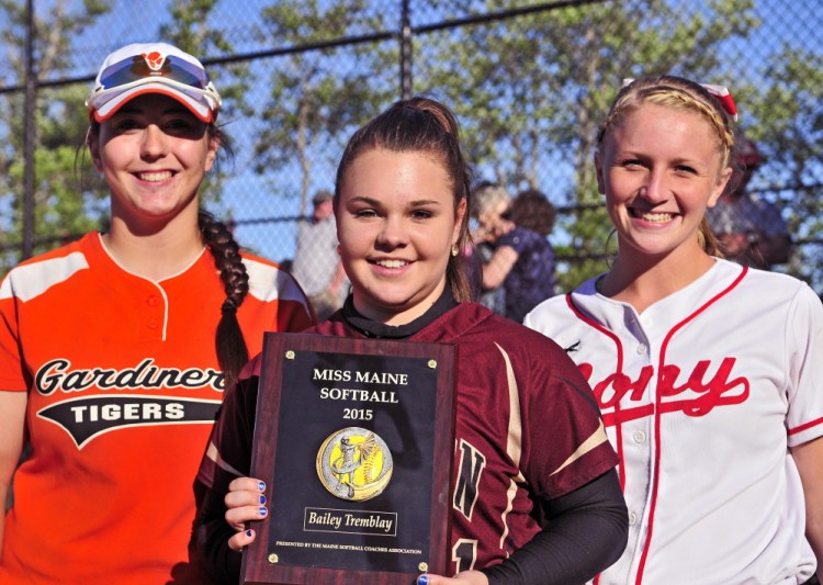 Bailey Tremblay of Thornton Academy, center, is Miss Maine Softball. Gardiner’s Kristal Smith, left, and Cony’s Arika Brochu were other finalists when the award was announced Thursday at Cony Family Field in Augusta.