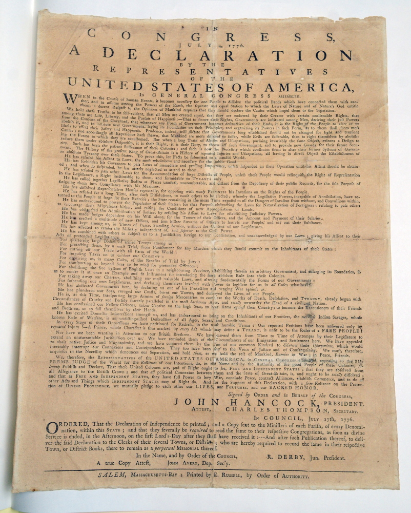 Hallowell’s 1776 copy of the Declaration of Independence in the Maine State Museum in Augusta.