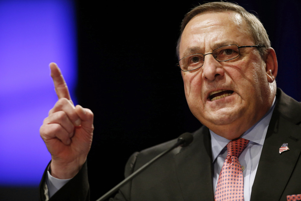 In this Jan. 7 photo, Maine Gov. Paul LePage delivers his inauguration address after taking the oath of office for his second term at the Augusta Civic Center in Augusta. The Republican governor’s bombastic leadership style long ago alienated Democrats, and some in his own party said his high-profile antics have squandered his political capital. Spokesman Peter Steele said LePage has been forced to use unconventional tactics to bring change to a state that had long been under Democratic rule.