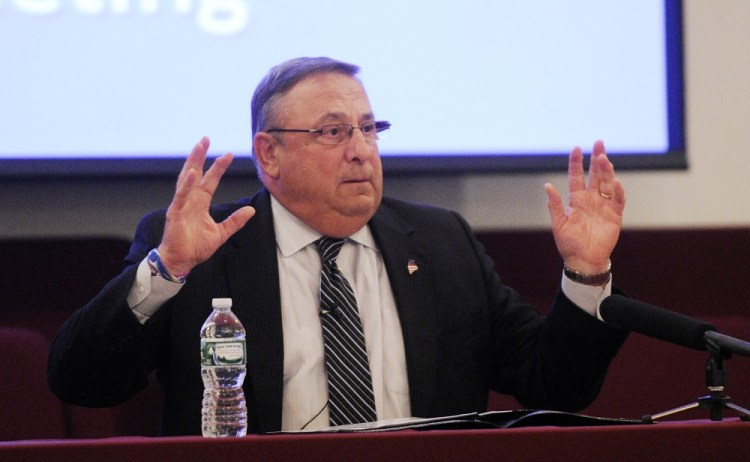 Gov. Paul LePage speaks in June at a town hall forum  at the Open Door Bible Baptist Church in Lisbon. He plans a forum Tuesday at the University of Southern Maine’s Abromson Center in Portland. 