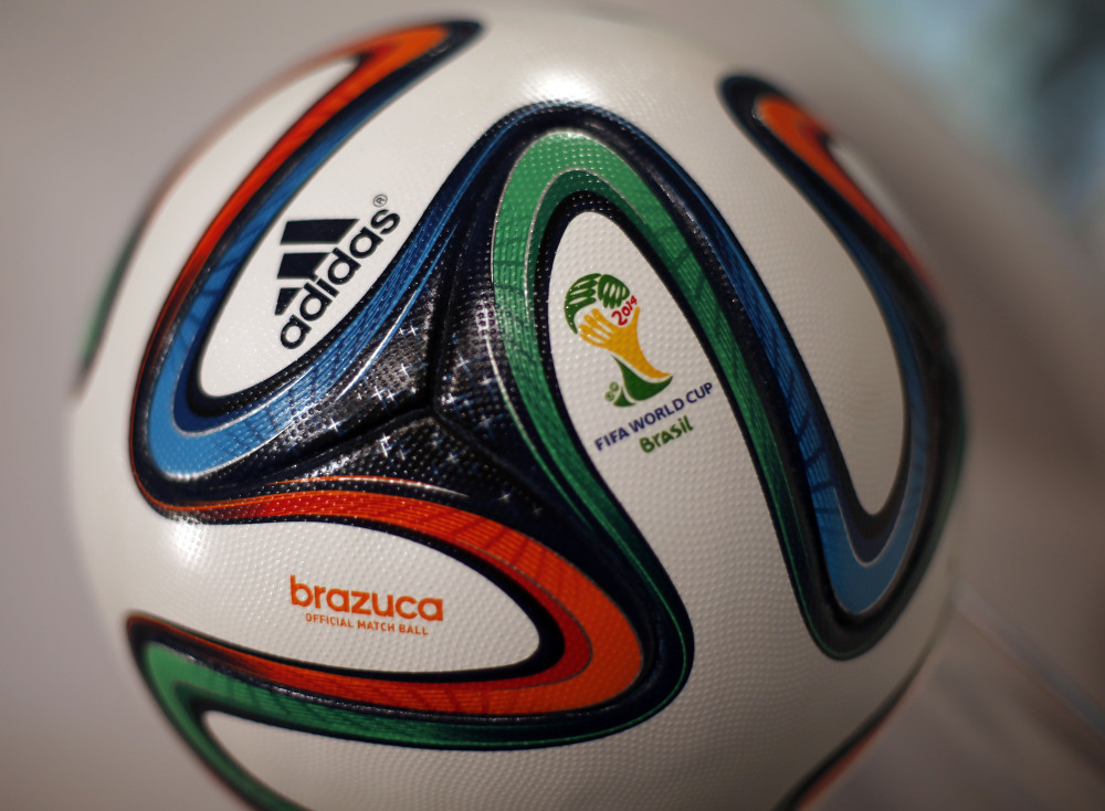 The Adidas logo adorns the official FIFA World Cup 2014 soccer ball.
