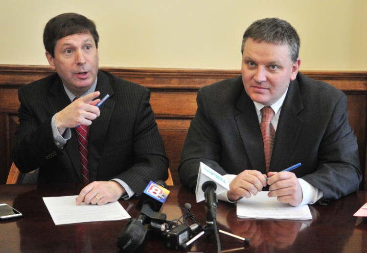 Joe Phelan/Kennebec Journal
House Republican Leader Ken Fredette, R-Newport, left, and Senate President Mike Thibodeau, R-Winterport, speak about the new Democratic budget plan during a news conference on April 9 at the State House in Augusta.