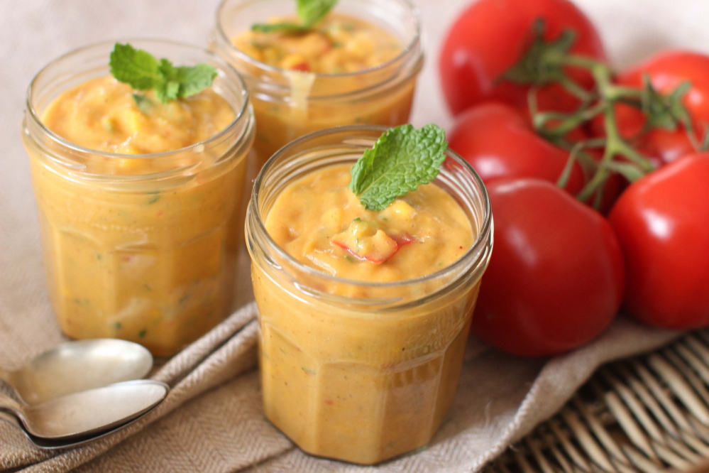In the recipe for Chilled Mango Gazpacho, mangos replace the usual tomatoes, and cucumber is added to stretch the sugars.