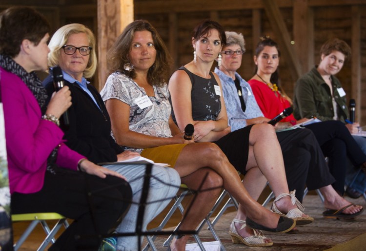 Rep. Chellie Pingree, second from left, moderator of a panel discussion about women in agriculture, and five Maine farmers listen to USDA Deputy Secretary Krysta Harden, left, at Wolfe’s Neck Farm in Freeport on Monday. Panelists to the right of Pingree are Laura Neale, Alice Percy, Jean Koons, Gina Simmons and Marada Cook.