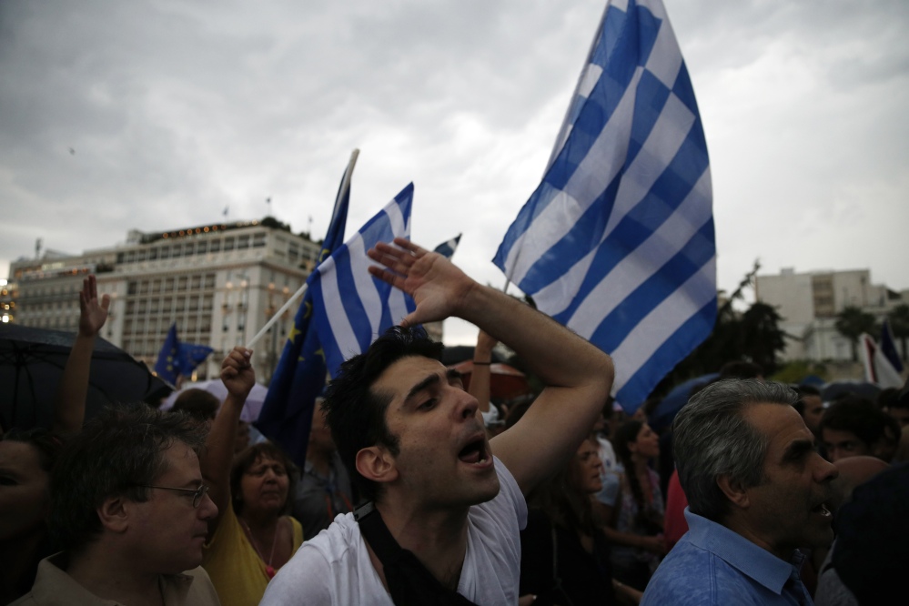 A demonstrator shouts slogans during a rally in Athens on Tuesday that was organized by supporters of the “yes” vote for an upcoming referendum on whether Greek residents want to accept creditors’ terms for a bailout.