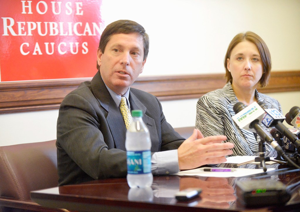 House Republican leader Ken Fredette of Newport, along with Assistant Republican leader Ellie Espling of New Gloucester, voice their objections Monday to a budget deal between the Senate leadership and House Democratic leaders. House Republicans object to the proposed budget's lack of income tax cuts or welfare reforms sought by Gov. Paul LePage.