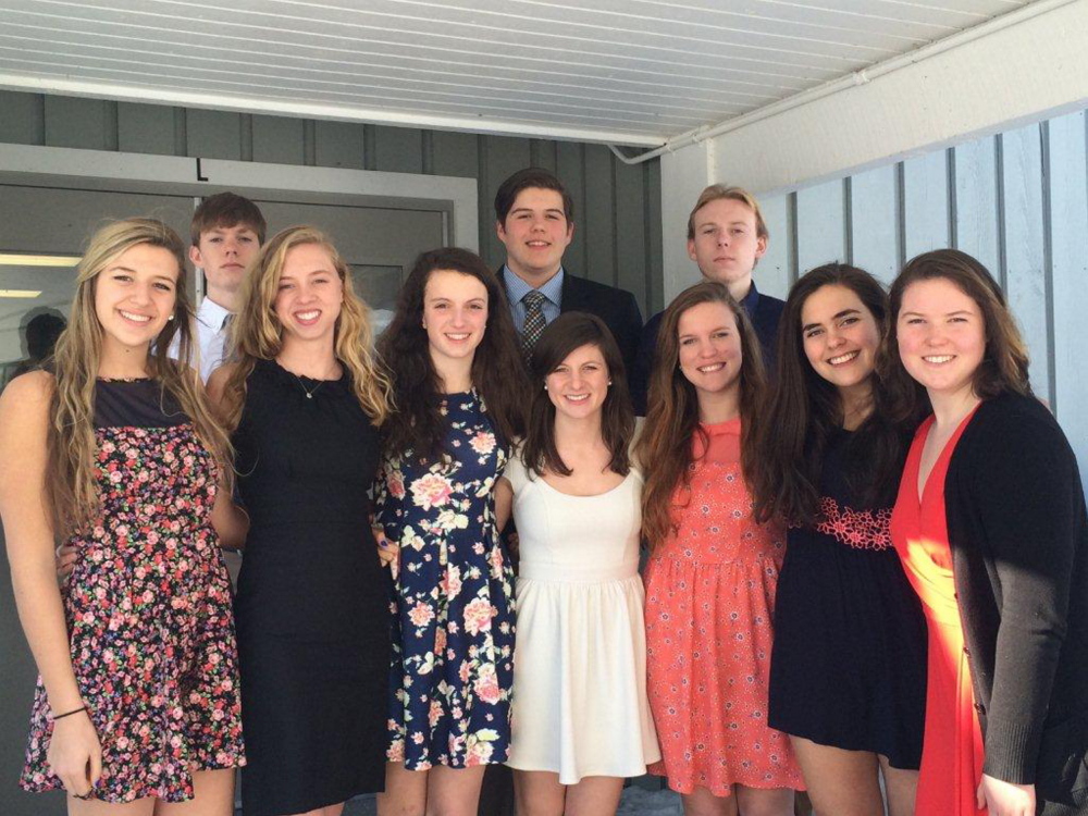 Maranacook Community High School’s top 10 students for the class of 2015 have been announced. In front, from left, are Christine Miller, Sydney Green, Elizabeth D’Angelo (salutatorian), Natalie Wicks (valedictorian), Amber Ridlon, Annie Nielsen and Abigail Westberry. In back, from left, are Ethan Harriman, Eric Schessler and Benjamin McLaughlin.