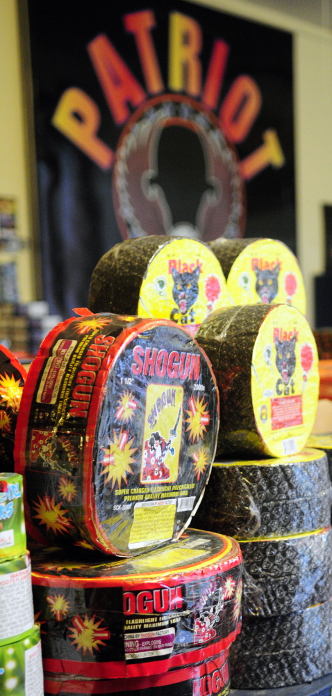 Rolls of firecrackers are on display near the entrance of Patriot Fireworks in Monmouth.