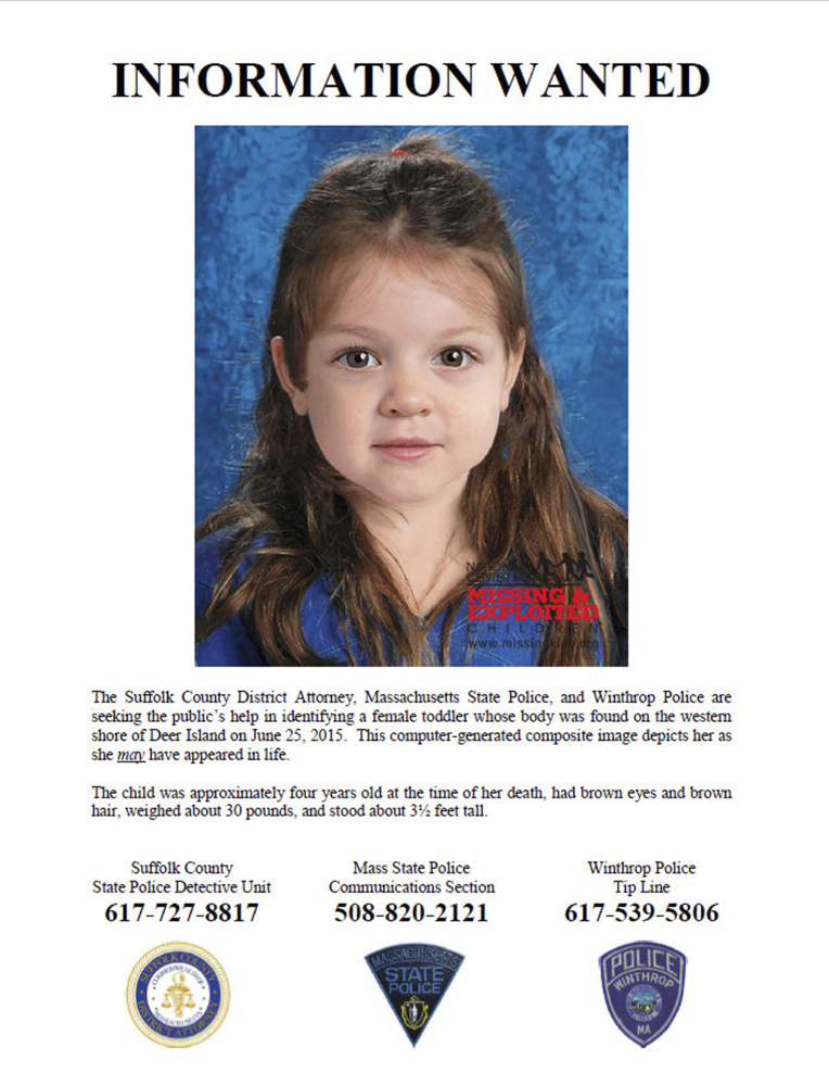 This flyer released Thursday, by the Suffolk County Massachusetts District Attorney includes a computer-generated composite image depicting the possible likeness of a young girl, whose body was found on the shore of Deer Island in Boston Harbor on June 25, inside a bag that also contained a black and white zebra-print blanket.