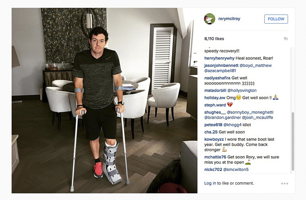 The Associated Press/ Rory McIlroy
In this image released Monday July 6, 2015 by world number one golfer Rory Mcilroy shows him as he poses on crutches and with his left leg in a medical support.