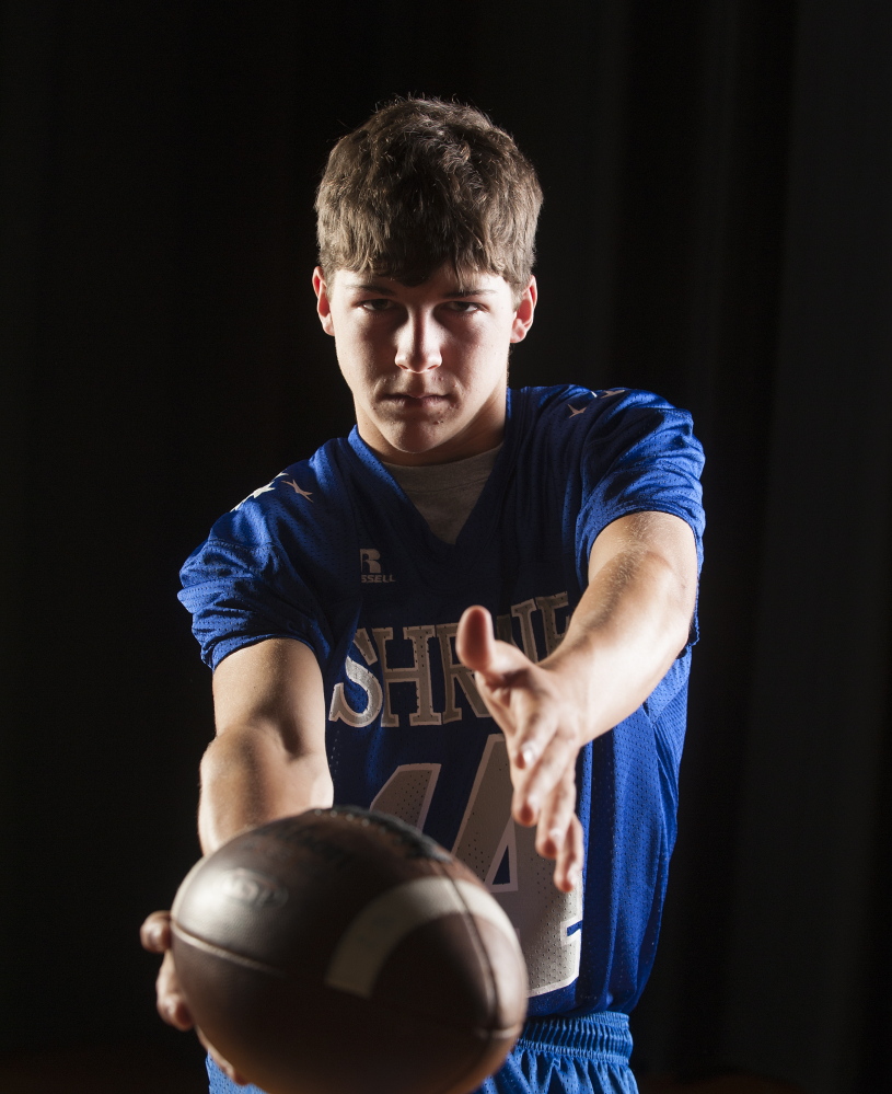 Kevin Bennett photo 
 Adam Merrill poses during Lobster Bowl media day Tuesday at Dover-Foxcroft. Merrill is one of four Oak Hill Raiders who will play in the annual Lobster Bowl on Saturday in Biddeford.