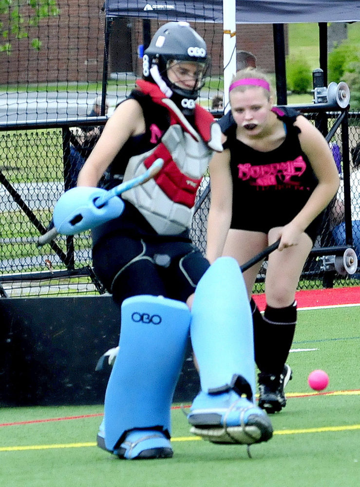 Nokomis goalkeeper Chelsea Crockett kicks the ball away from the goal in a game against Skowhegan in Waterville on Saturday.