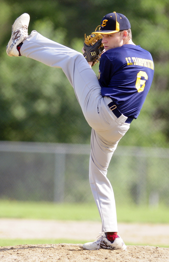 Staff photo by Joe Phelan 
 Augusta pitcher Kolbe Merfeld goes into the wind-up during a Zone 2 American Legion quarterfinal game Tuesday against Gardiner at Oak Hill High School in Wales. Augusta won 5-4.