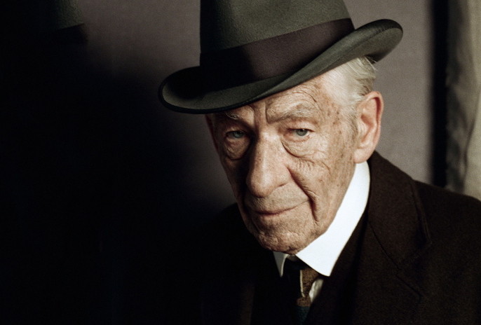 In this undated photo released by See-Saw Films, British actor Ian McKellen poses for a photograph on the first day of filming for "Mr. Homes", in which he portrays a 93-year-old Sherlock Holmes, London. Filming has begun on “Mr. Holmes,” which imagines the famous sleuth in his old age as a retiree living in seclusion by the sea. The movie, based on Mitch Cullin’s novel “A Slight Trick of the Mind,” sees the detective struggling with a failing memory and revisiting one final unresolved mystery. (AP Photo/Agatha A Nitecka, See-Saw Films)
