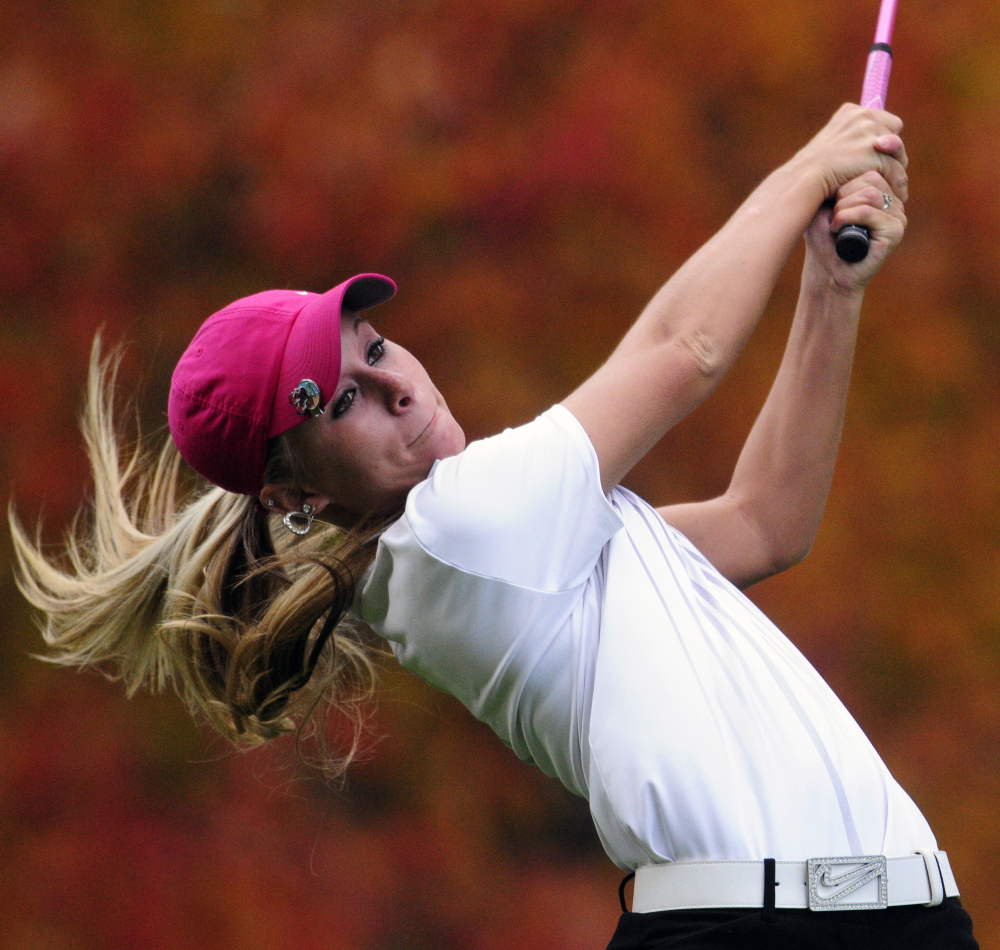 Lawrence’s Kelsey Dessent tees off at the 18th hole of the Arrowhead course at Natanis during the girls state championship last year. Dessent will be among the contenders during the Maine Women’s Amateur next week.