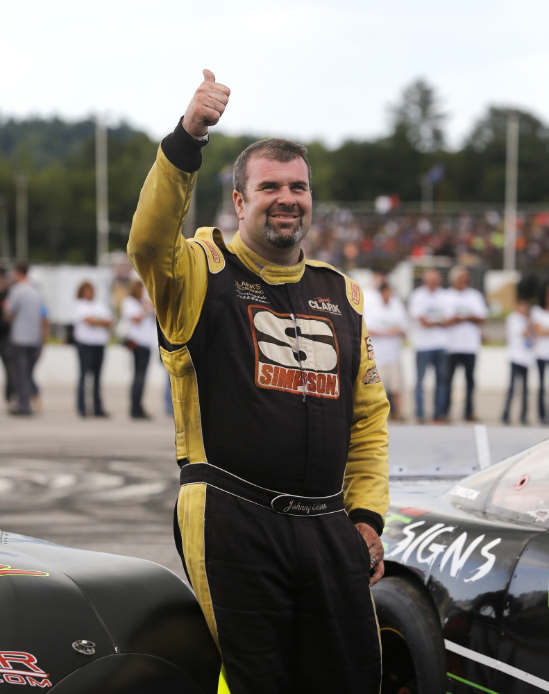 Johnny Clark of Hallowell gives the thumbs up to fans prior to the 2014 Oxford 250.