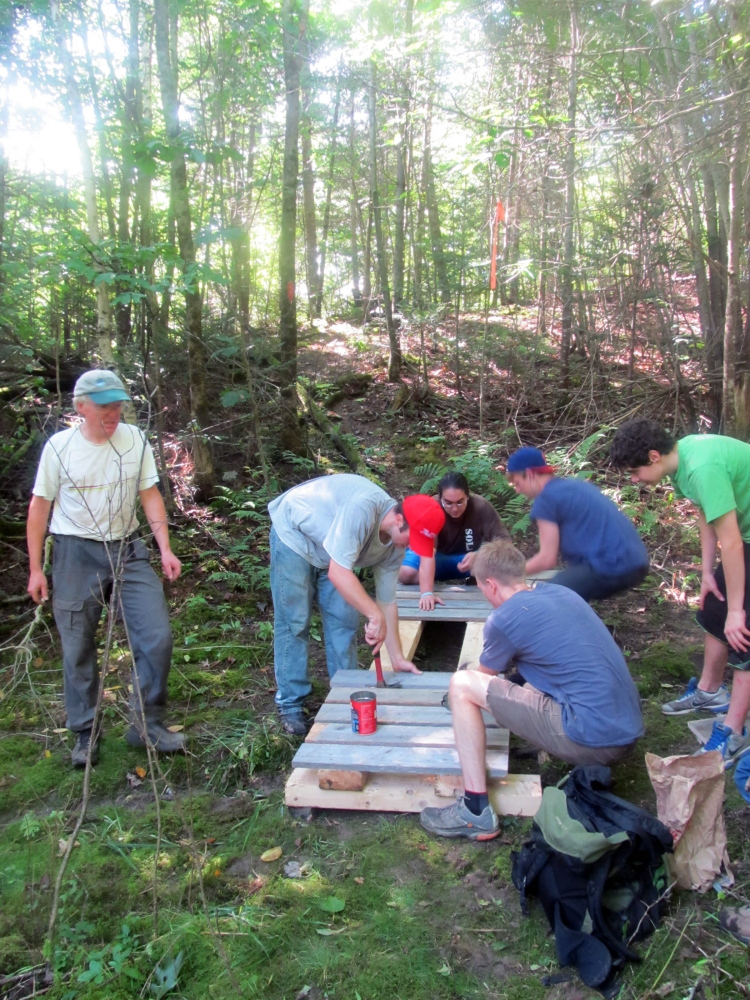 Volunteers at last years’ event work on the Trout Brook deck house.