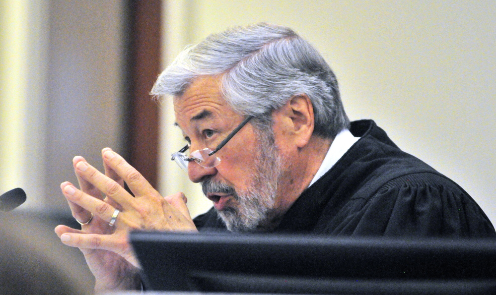 Justice Donald Marden speaks during Eric Bard’s sentencing hearing on Friday in the Capital Judicial Center in Augusta.