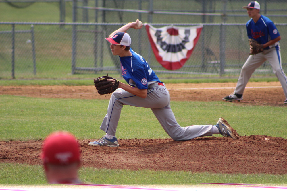Augusta 15U Babe Ruth pitcher Noah Bonsant delivers a pitch during a Babe Ruth New England Regional game against Cranston, R.I., Sunday morning in Trumbull, Conn. Bonsant turned in a strong outing as Augusta prevailed 2-1.