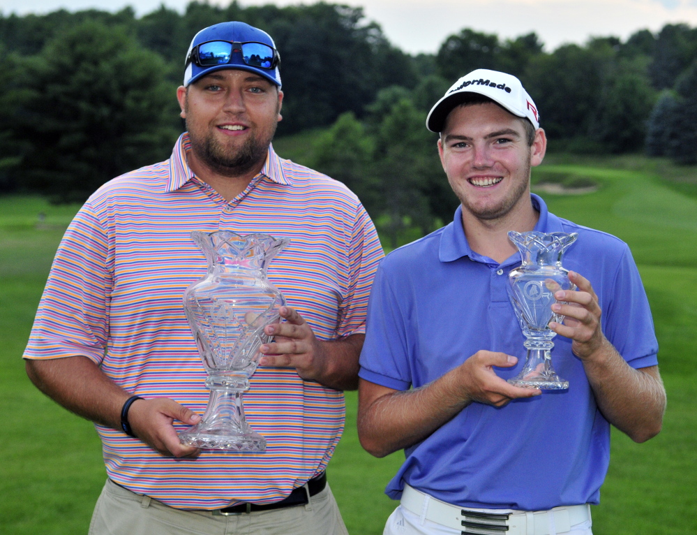 Matthew Campbell,left, won the professional division and Sam Grindle was first amateur at the end of the second day of the Charlie’s Maine Open on Tuesday at the Augusta Country Club in Manchester.