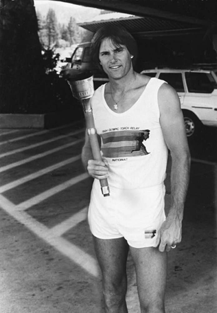 Bruce Jenner poses with the 1984 Olympic torch he carried through Lake Tahoe, Nev.