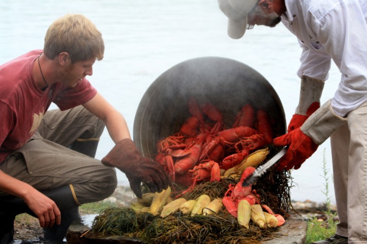 Serving up the traditional lobster bake.