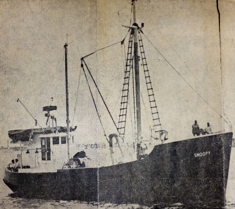 A newspaper clipping from 50 years ago show the scallop trawler Snoopy, which was fishing near North Carolina’s Outer Banks when it was destroyed on July 23, 1965, killing eight men.