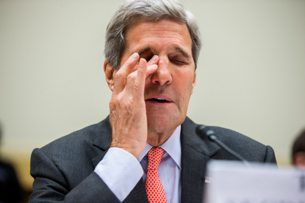 Secretary of State John Kerry appears Tuesday before the committee hearing the Iran nuclear agreement. Kerry was visibly frustrated at times.