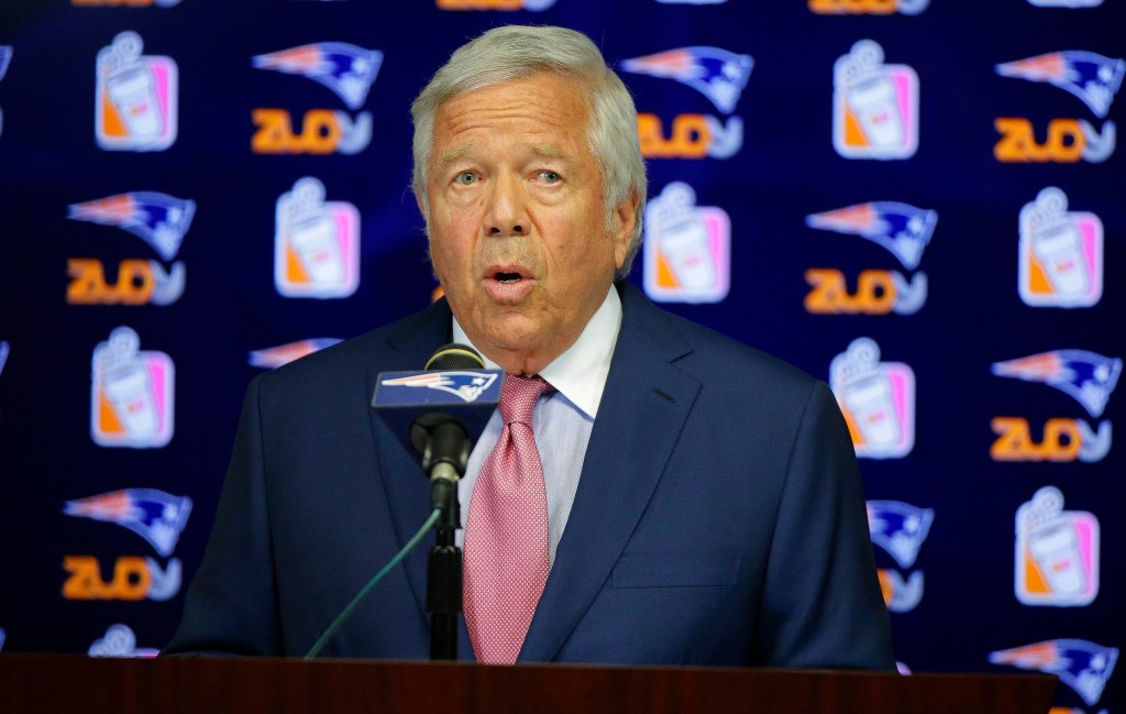 New England Patriots owner Robert Kraft makes a statement condemning NFL Commissioner Roger Goodell's action upholding New England Patriots quarterback Tom Brady's four-game suspension, at the team's facility Wednesday in Foxborough, Mass. The Associated Press