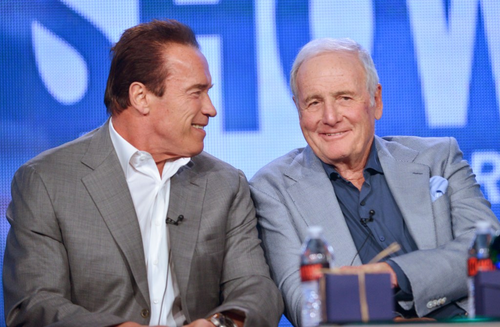 Arnold Schwarzenegger, left, and Jerry Weintraub participate in a panel discussion at the Showtime Winter 2014 TCA Press Tour in Pasadena, Calif. Weintraub, who produced such hit movies as "Nashville" and "Ocean's Eleven," died, Monday of cardiac arrest in Santa Barbara, Calif. He was 77.
2014 Associated Press file photo