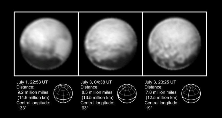 This combination of images from July 1 to July 3, 2015, provided by NASA shows Pluto at different distances from the New Horizons spacecraft. NASA's New Horizons spacecraft is on track to sweep past Pluto next week despite hitting a "speed bump" that temporarily halted science collection. (NASA via Pluto)
