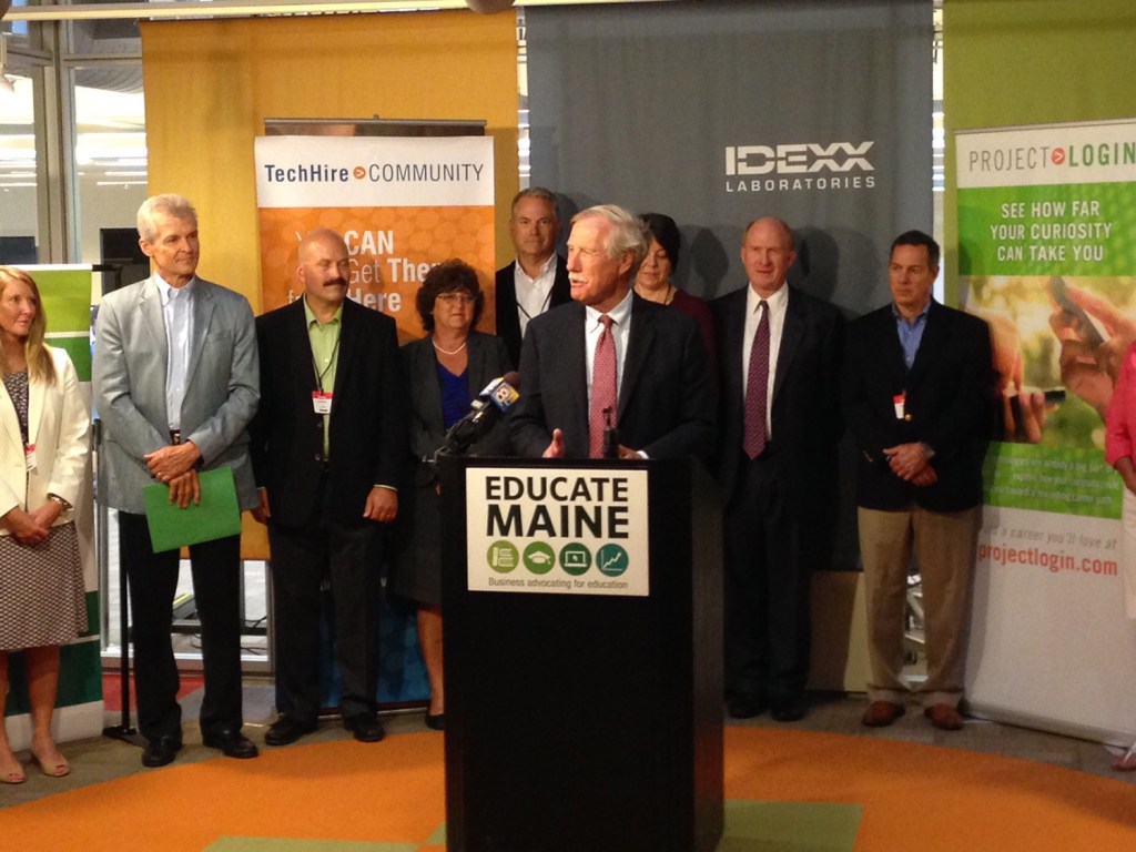 Sen. Angus King speaks at Wednesday’s event at Idexx Laboratories. He said, “We have people with talent who are looking for jobs and we’ve got businesses looking for people with talent, and the whole idea of this initiative is to put them together.” 