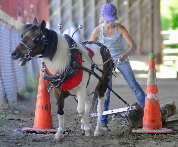 Lacey Cram, 10, of Lisbon, scoots Sunday through cones at the Monmouth Fair. Cram was handling a miniature horse, Tilly, that belonged to fellow teamster, Logan Robinson, 11, of Litchfield.