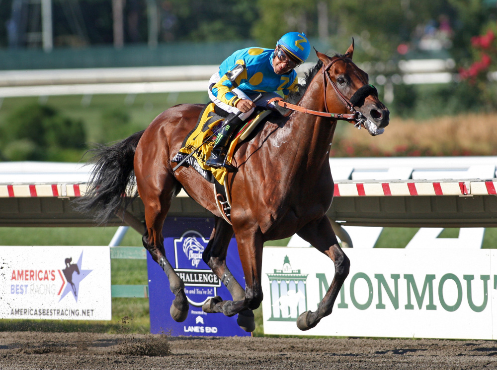 American Pharoah, with Victor Espinoza riding, won the $1,750,000 Grade 1 William Hill Haskell Invitational at Monmouth Park in Oceanport, New Jersey on Sunday.