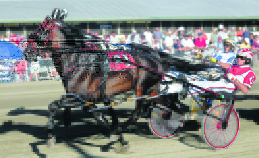 Staff file photo by Andy Molloy 
 Hawaiian K driven by Jason Bartlett, right, edges Rupert Kupet driven by Shawn Gray at the finish of the Windsor Fair Invitational race last August.